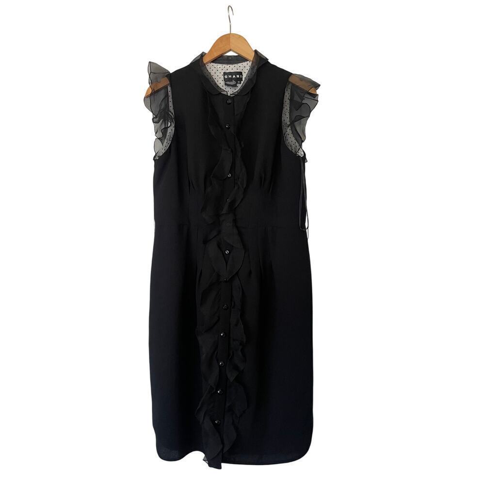 NWT Shani Black Chiffon Ruffle Button Front Sheath Dress • Size 12 ⬇️